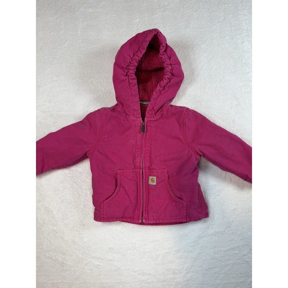 Carhartt Girls Hot Pink Sherpa Lined Canvas Hooded Jacket Coat Sz 12 M